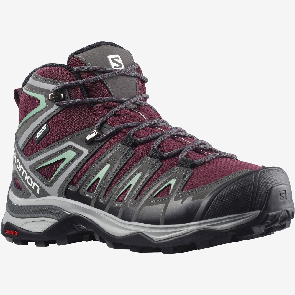 Salomon X ULTRA PIONEER MID CLIMASALOMON™ WATERPROOF Wanderschuhe Damen Bordeaux/Grau Grün | FIT-142906