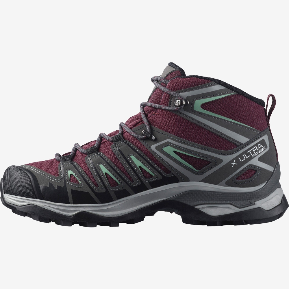 Salomon X ULTRA PIONEER MID CLIMASALOMON™ WATERPROOF Wanderschuhe Damen Bordeaux/Grau Grün | FIT-142906