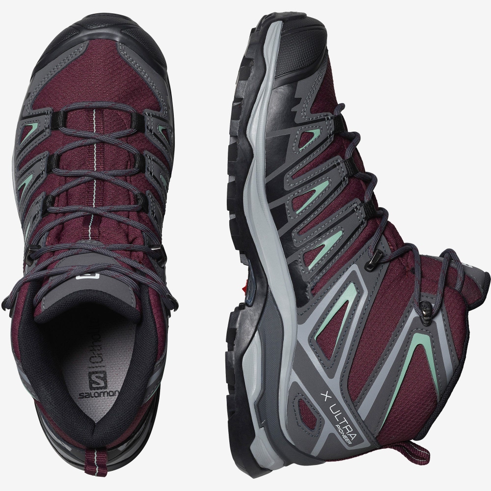 Salomon X ULTRA PIONEER MID CLIMASALOMON™ WATERPROOF Wanderschuhe Damen Bordeaux/Grau Grün | FIT-142906