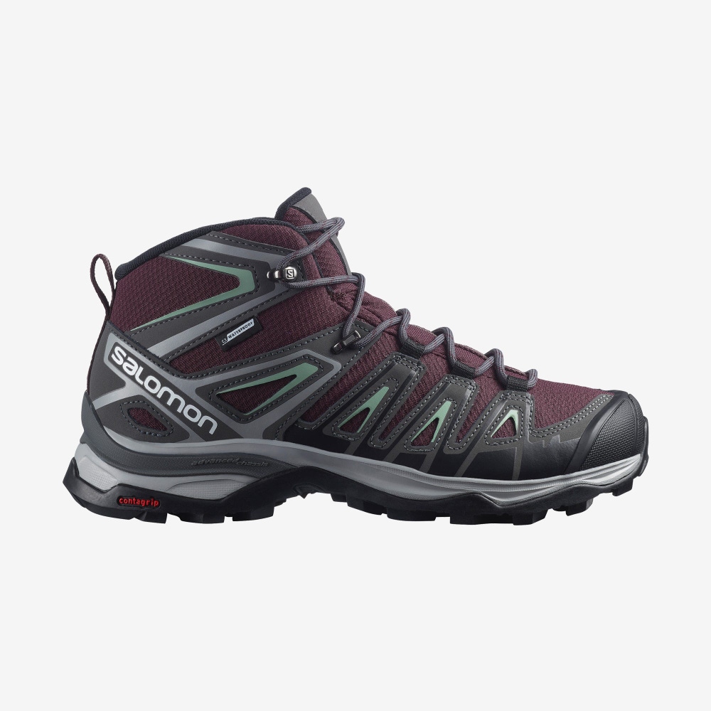 Salomon X ULTRA PIONEER MID CLIMASALOMON™ WATERPROOF Wanderschuhe Damen Bordeaux/Grau Grün | FIT-142906