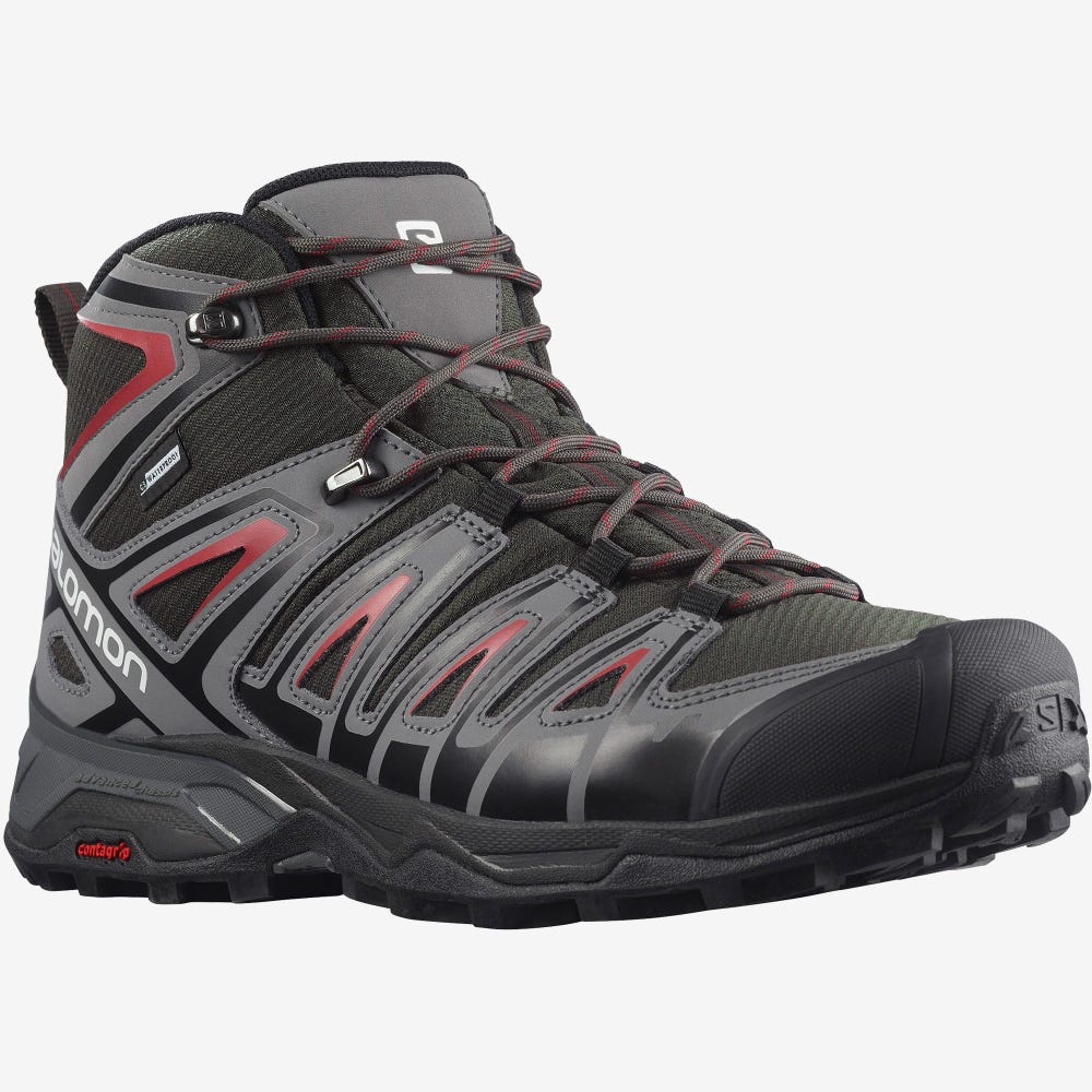 Salomon X ULTRA PIONEER MID CLIMASALOMON™ WATERPROOF Wanderschuhe Herren Olivgrün/Rot | WBI-046897