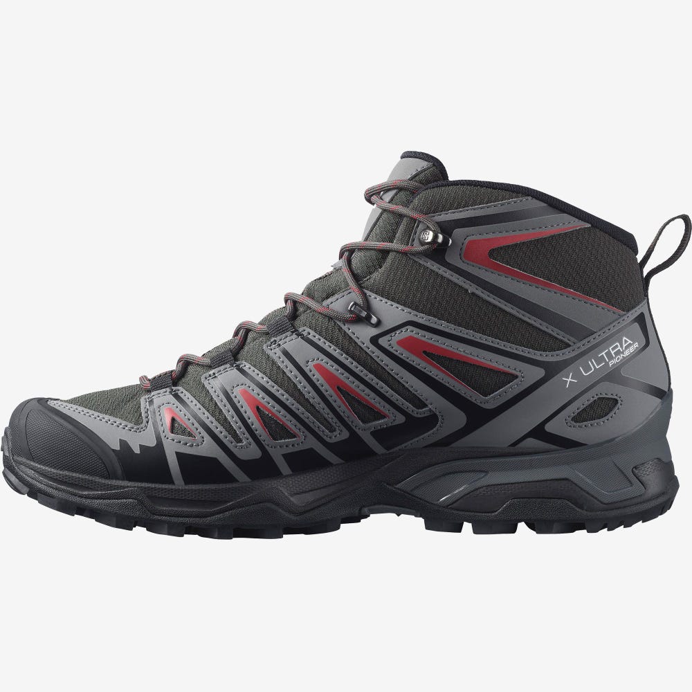 Salomon X ULTRA PIONEER MID CLIMASALOMON™ WATERPROOF Wanderschuhe Herren Olivgrün/Rot | WBI-046897